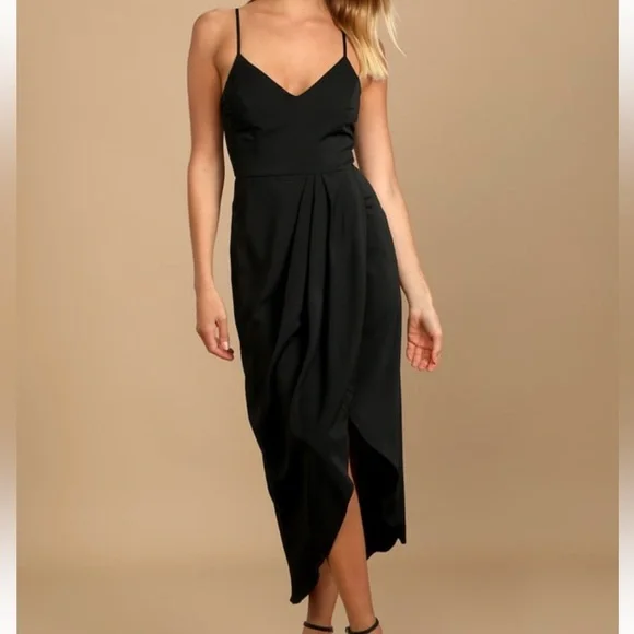 lulus reinette black midi dress Lulus Renee Scoop Back Darted Hip Midi Dress in Black XL